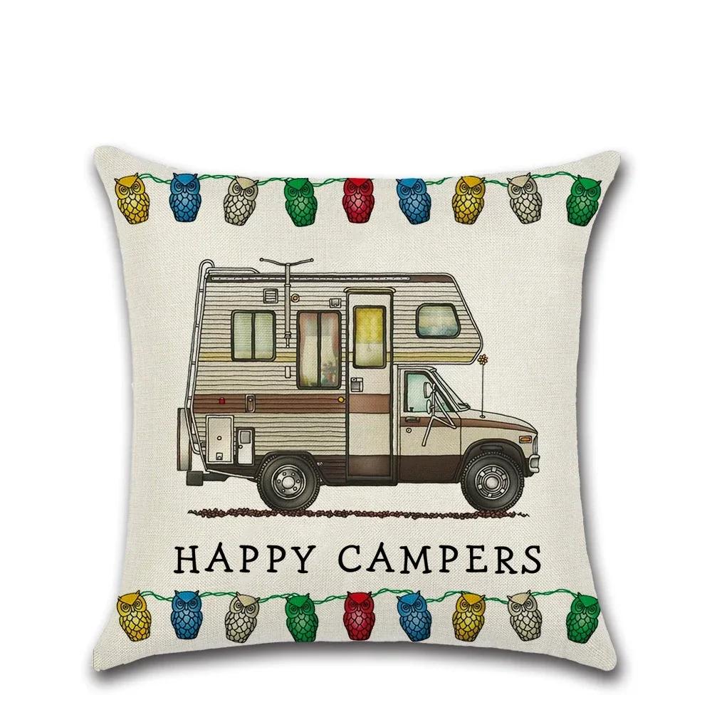 

Новые мультяшные наволочки для подушек для караванинга Happy Campers, горячие льняные наволочки, современные декоративные наволочки для диванных подушек для гостиной 16x16Inch