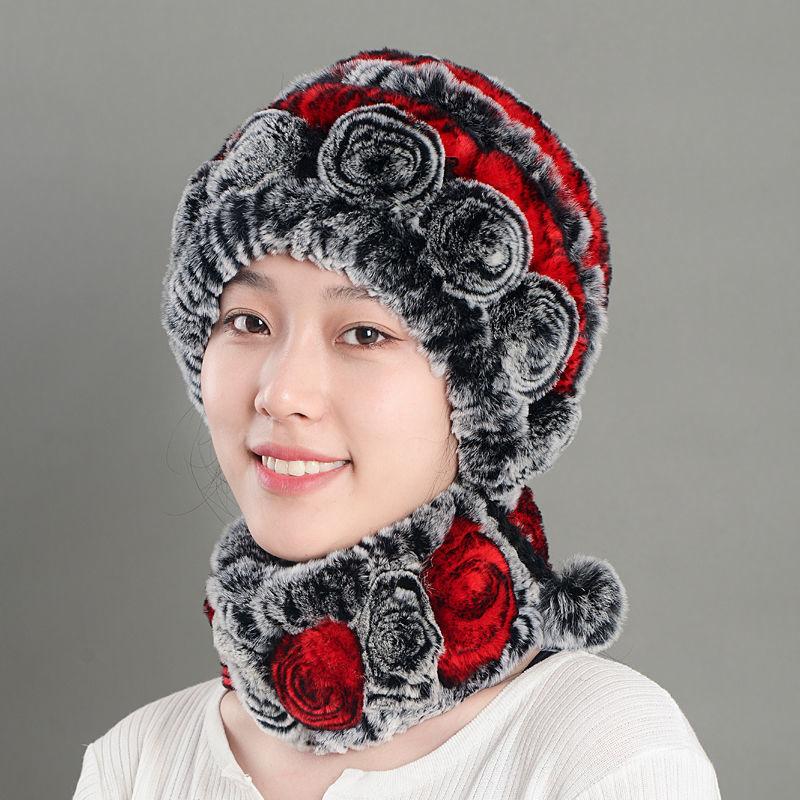 Female Hat Rabbit Rex Fur Fashion Flower Ear Protection Mother Female Fur Hat Scarf Thickened Warmth