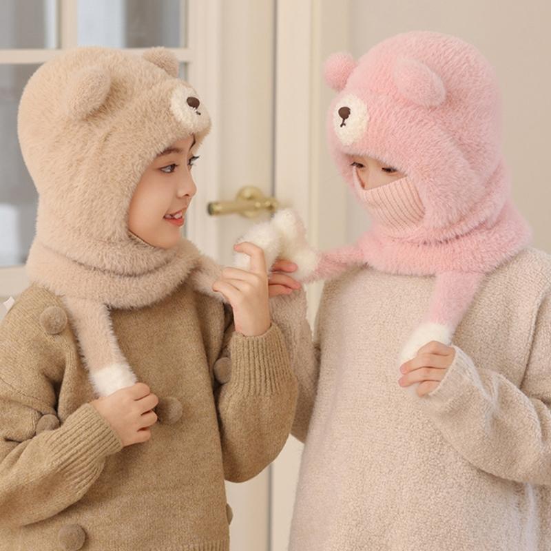 Children Face Cover Brimless Hat Neck Warmer With Cartoon Bear Design Pullover Earflap Hat For Toddler Skiing Hiking