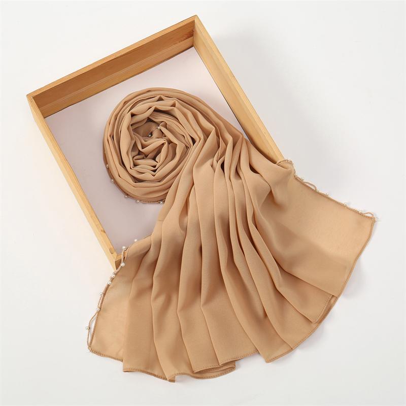 Muslim Chiffon Hijab Scarf Pearl Edge Solid Color Squane Head Wrap For Women Hijabs Scarves Jersey Hijabs Islamic Turban Headban