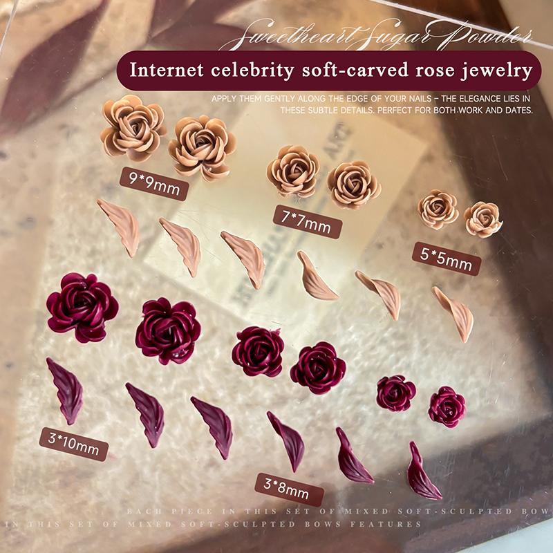 50Pcs 3D Mix Sizes Beautiful Blossoming Rose Flowers Leaf Resin Adhesive Nail Art Rhinestones Decorations Manicure Kawaii Charms