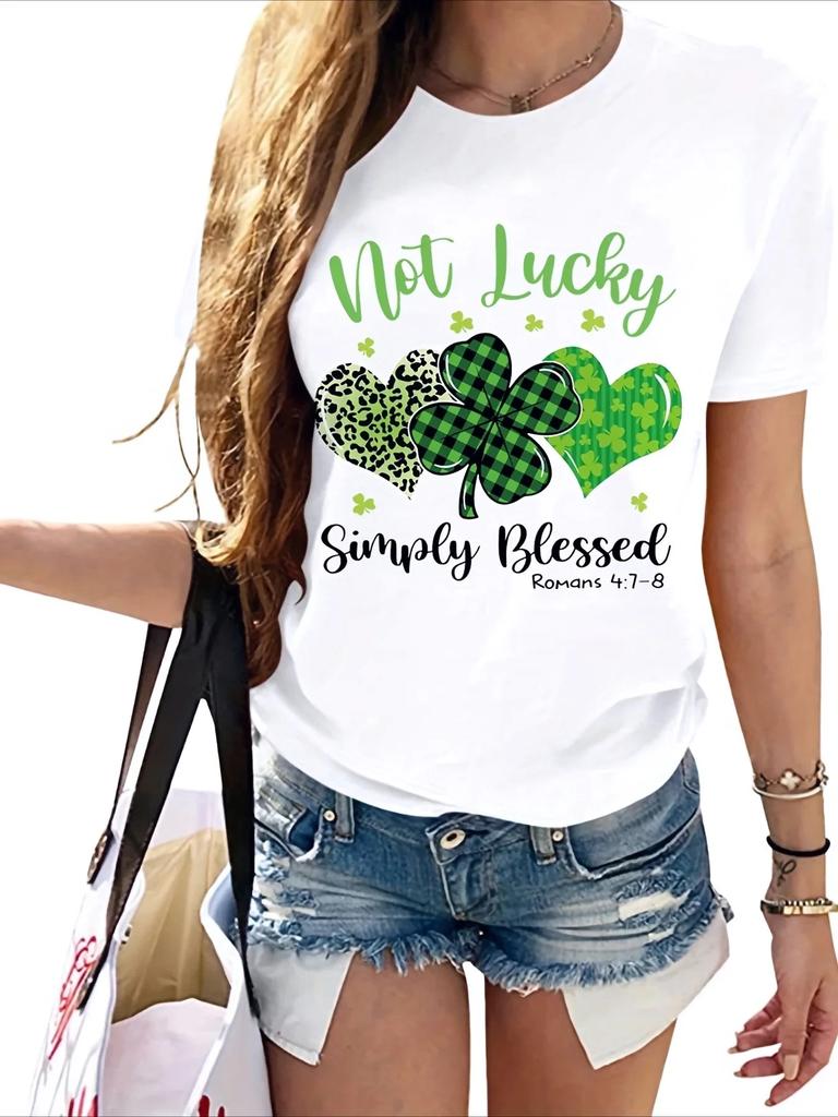 St Patricks Day Womens Tshirt Fourleaf Clover and Heart Print Casual Short Sleeve Crew Neck Top FeUnisex Y2K Tops Clothes