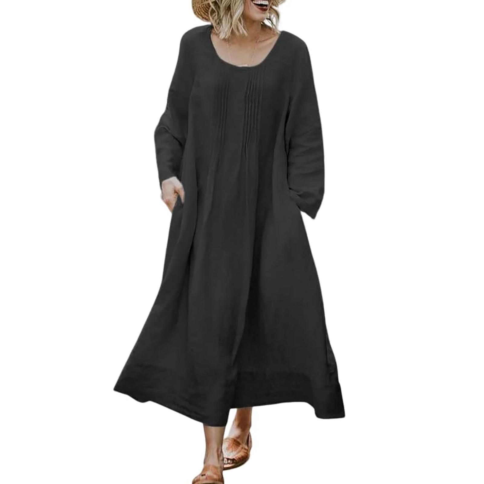 

Осеннее платье из хлопка и льна с круглым вырезом, оборками и карманами, однотонное, с длинными рукавами XXXXXL чёрный