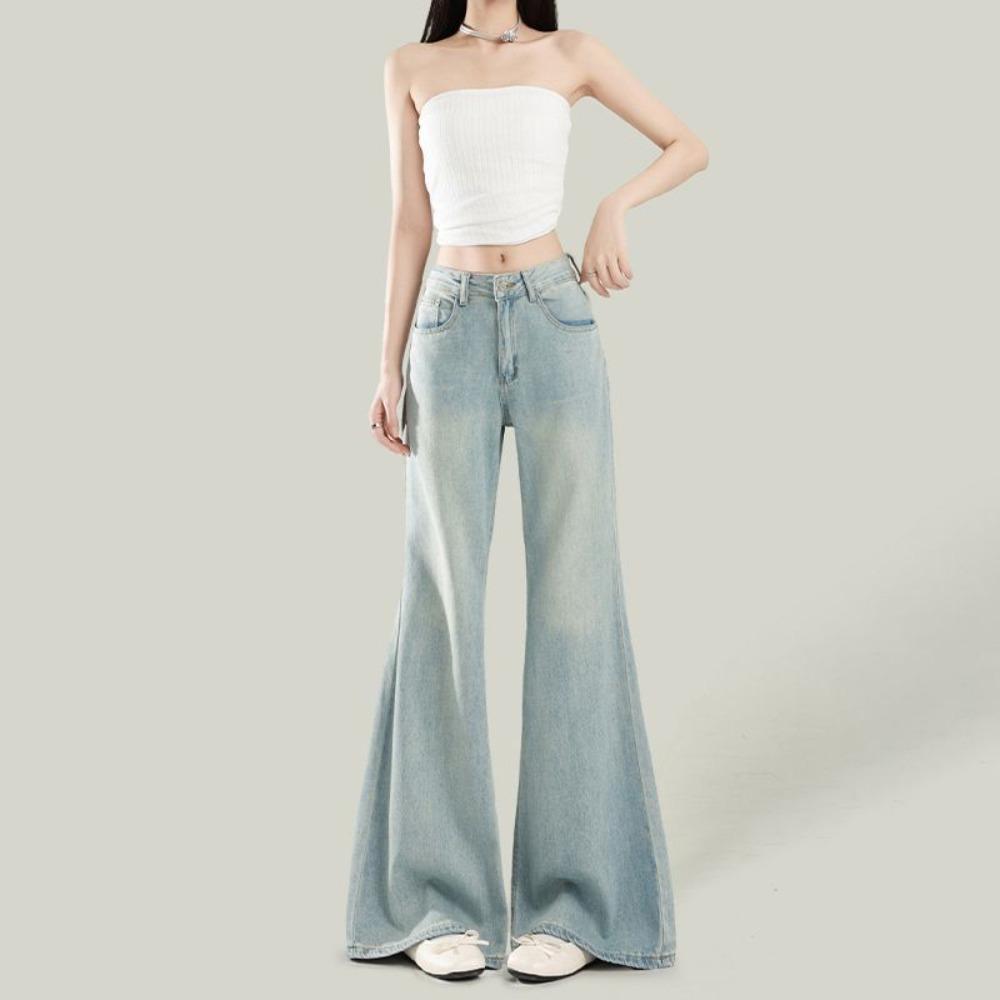 Women's High Waist Flare Jeans Loose Fit Light Blue Sand Wash Casual Denim Trousers