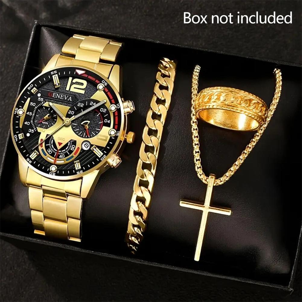 4Pcs Men s Watch Set Quartz Watch Business Watch Alloy Wrist Watch Necklace Bracelet Ring Accessories Set Men s Gift