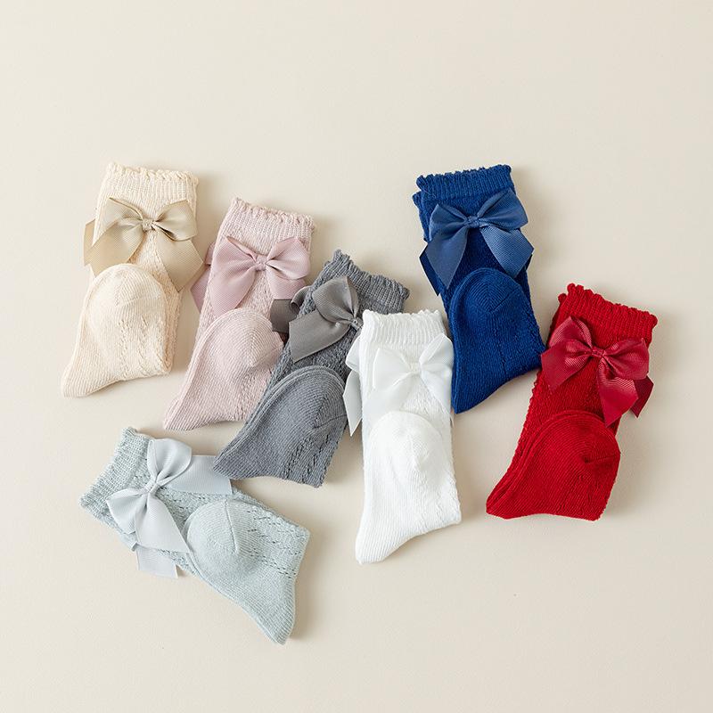 Baby Girl Knee High Socks with Bows Spring Summer Soft Cotton Ruffle Long Stockings Smooth Sole Infant Toddler Uniform Socks