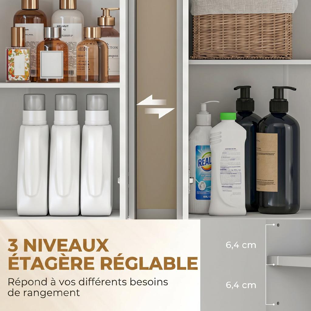 Tall Bathroom Cabinet, 2 Soft-Close Doors, Drawer, 3 Open Compartments, Adjustable Shelves, White