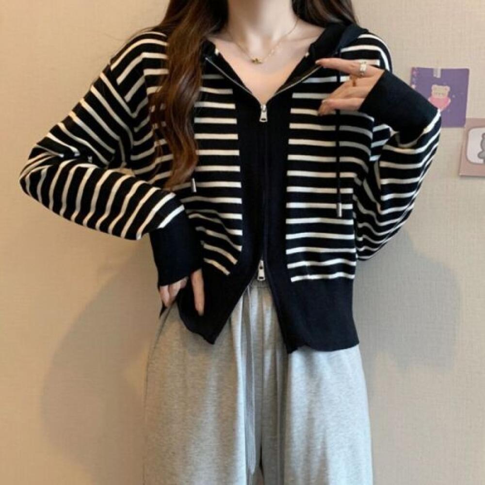 From Heart Women Striped Knit Two Way Hoodie Zip Up