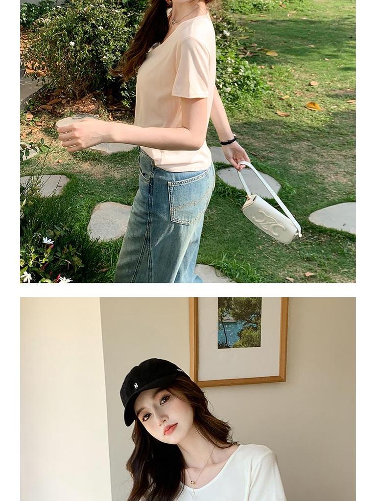 Women's V-Neck Casual Summer T-Shirt: Slimming, Versatile, Trendy, Short Sleeve, Solid Color