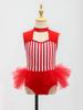Kids Girls Ringmaster Jumpsuit: Rhinestone Stripe Sleeveless Cutout Bodysuit with Waist Mesh Ruffled Overlay for Stage