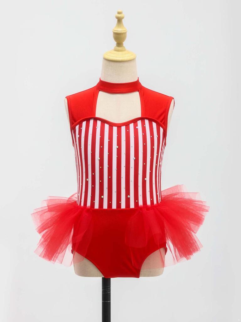 Kids Girls Ringmaster Jumpsuit: Rhinestone Stripe Sleeveless Cutout Bodysuit with Waist Mesh Ruffled Overlay for Stage