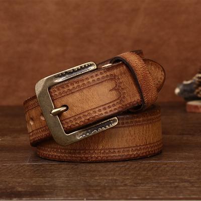 Retro Personalized Embossed Copper Buckle Leather Belt Men's First Layer Cowhide Jeans Locomotive Men's Belt