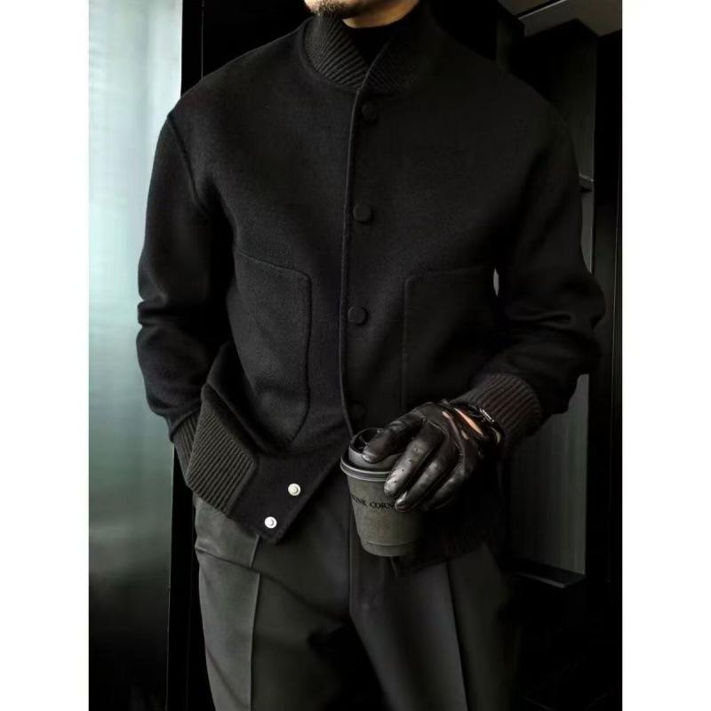 Men's 2025 Autumn/Winter Woolen Coat, Hong Kong Style, Solid Color, Stand Collar, Versatile and Trendy.