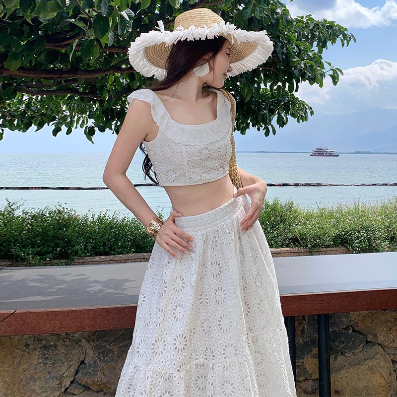 Holiday White Embroidery Hollow Lace Suit Skirt Summer French Temperament Small Vest Half-length Skirt Two-piece Set S белый