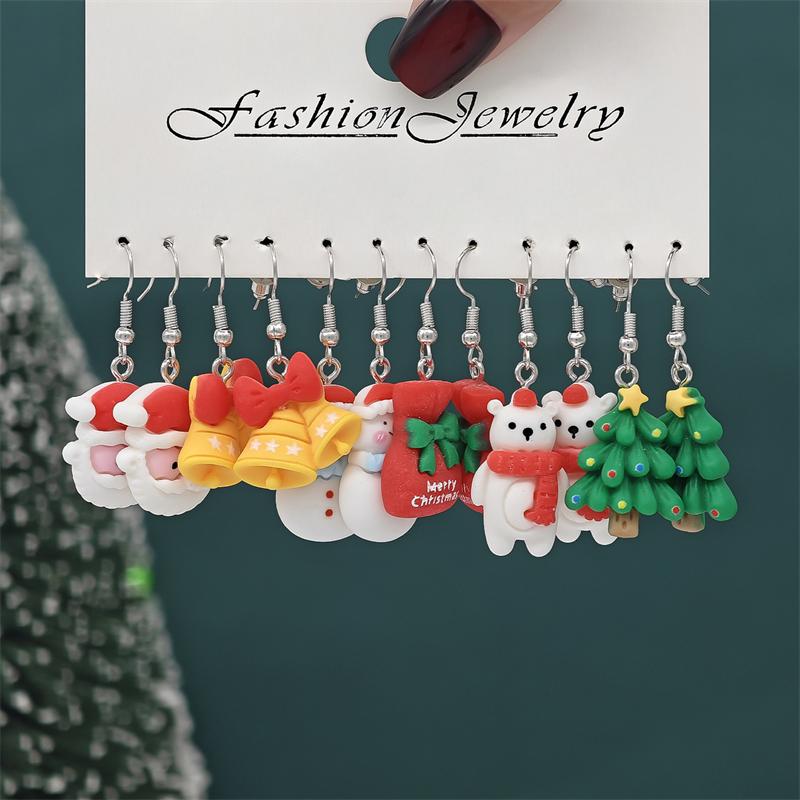 12PCS Sweet Santa Claus Christmas Tree Drop Earrings for Women Cute Cartoon Resin Elk Snowman Drop Earring Party Jewelry Gifts