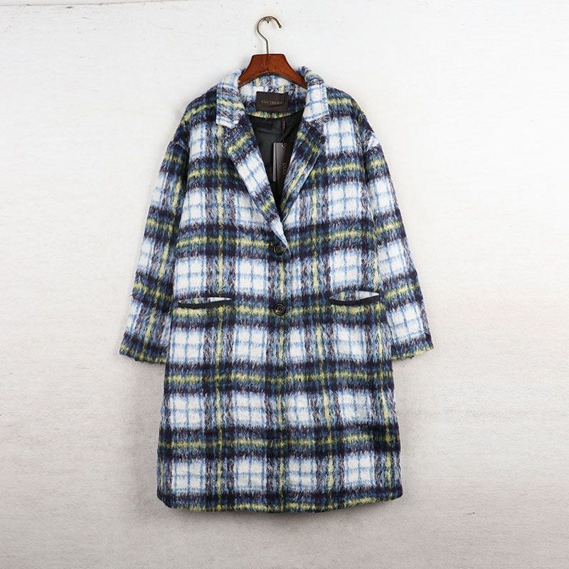 

Sunshine House Autumn and Winter New Arrival Domestic Counter Good Wool Plaid Lapel Woolen Outwear Thick Coat Long Light Blue Bust size 110