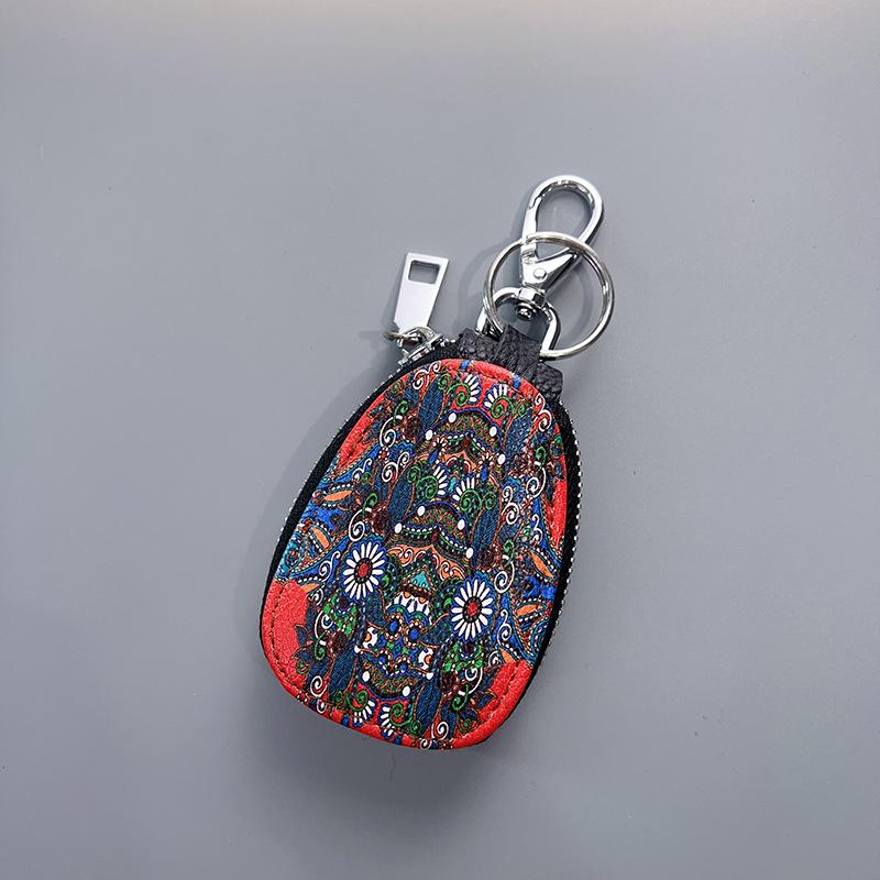 

Женская сумка для ключей из натуральной кожи в стиле ретро-этнического стиля 2023 года с подвеской на молнии и цветным принтом