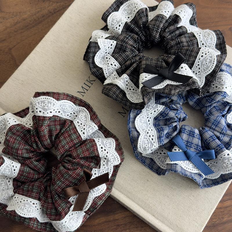 Retro Rutete Sjekk Blonder Hårstrikker Pannebånd for Kvinner Jenter Søt Hårstrikk Strikk Hestehale Gummistrikk Mote Tilbehør