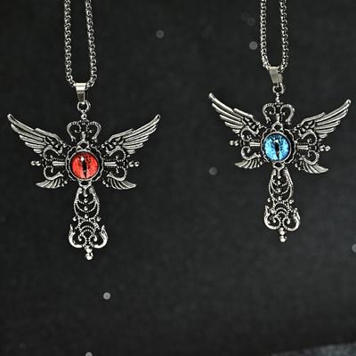Anhänger mit natürlichen blauen Teufelsaugenflügeln, kreative Teufelsflügel-Kreuzkette
