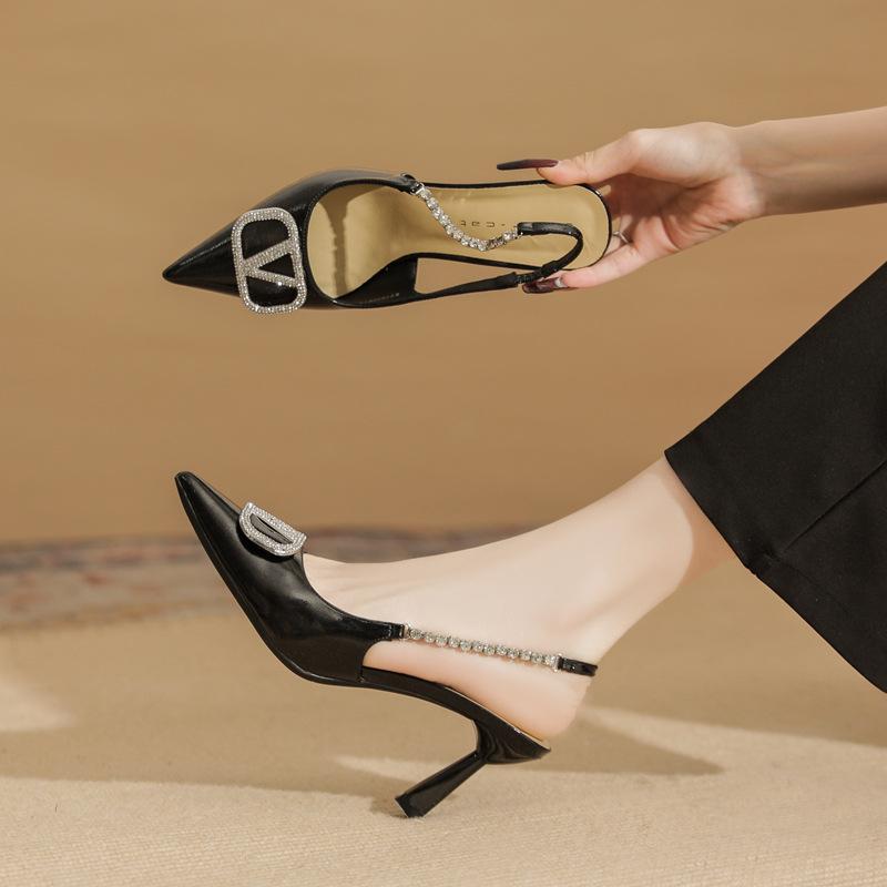 7508-1 [sheepskin] High Heels Women's Thin Heels 2025 New Temperament Rhinestone Word with Bag Head Empty Sandals