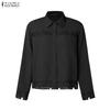 ZANZEA Women Casual Turn Down Collar Loose Lace Crochet Splice Long Sleeve Blouse