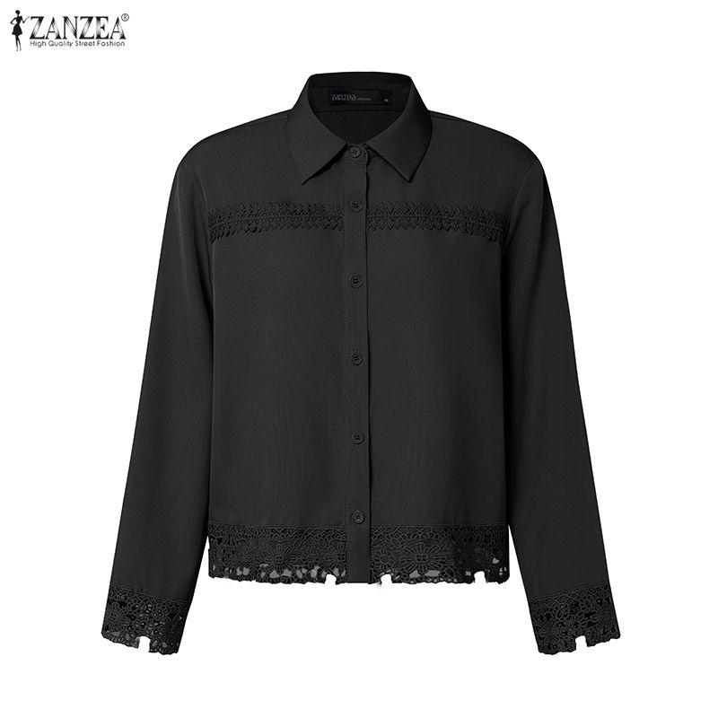 ZANZEA Women Casual Turn Down Collar Loose Lace Crochet Splice Long Sleeve Blouse