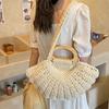 Casual Shell Shape Crochet Woven Bag Large Capacity Boho Wooden Handle Shoulder Bag Handmade Solid Color Underarm Bag Beach