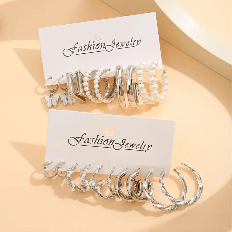 Silver Color Butterfly Earrings Set For Women Girls Vintage Pearl Circle Geometric Twist Hoop Earrings Trendy Jewelry Gifts