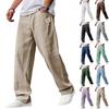 Men's Casual Loose Fit Linen Trousers Lightweight Breathable Straight Leg Pants Elastic Waist Drawstring Design