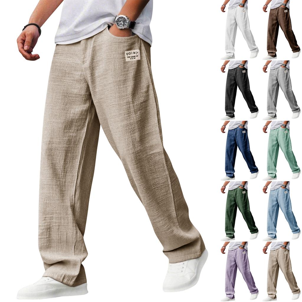 Men's Casual Loose Fit Linen Trousers Lightweight Breathable Straight Leg Pants Elastic Waist Drawstring Design