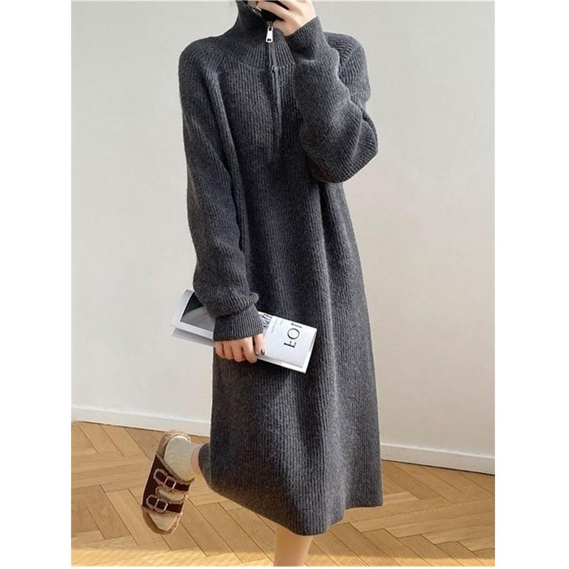 Womens Oversized Knit Midi Dress With Lapel Collar Long Sleeve Wool Blend A-Line Skirt Winter Layering