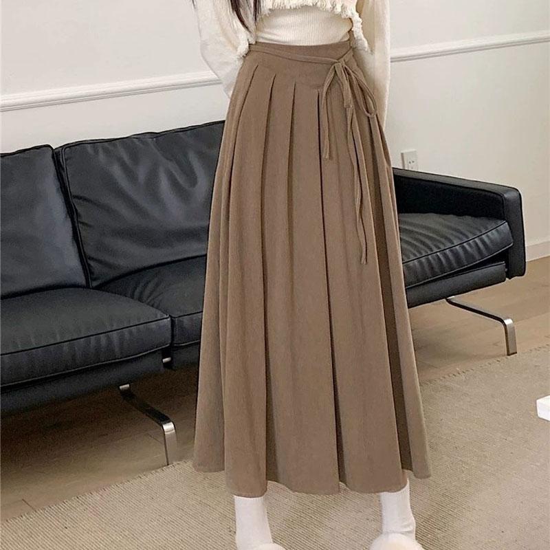Corduroy Lace-up Skirt Women Spring Autumn New High-waist Solid Color Mid-length Large Umbrella Skirt