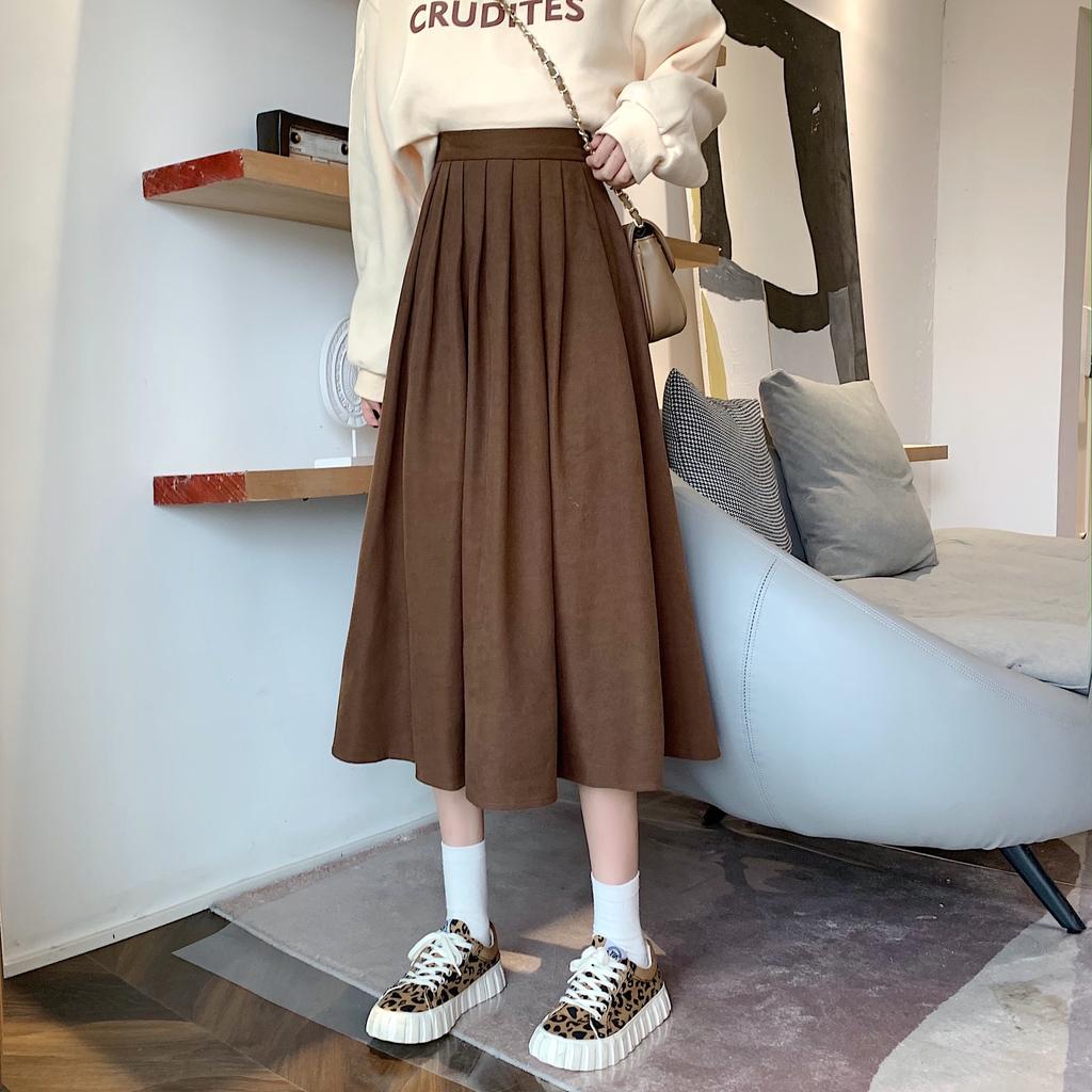 Vintage High Waist Pleated Skirt Women Korean Fashion College Style Long Skirt Ladies Autumn Casual A Line Skirts