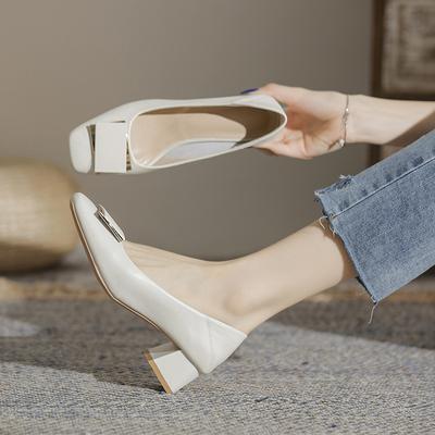 Eckige Schnalle Mode OL Büro Schuhe 2025 Neue Damen Kurz Echtleder Flache Hohe Absätze Schuhe Eckige Zehenpartie Damen Pumps