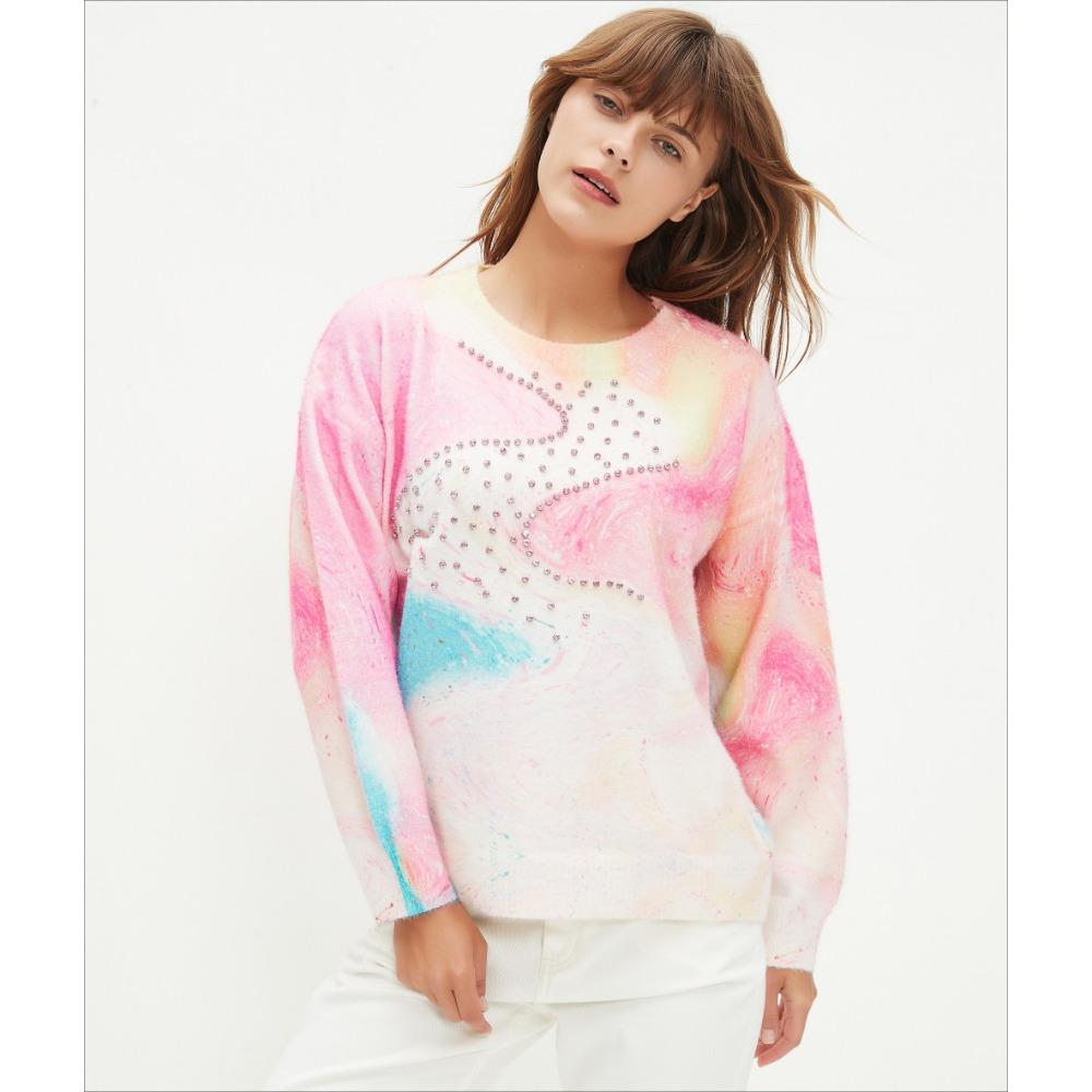 DIMANAF 2025 Frühling Damen Bunte Rosa Pullover Strick Basic Mode Rundhalsausschnitt Stil Locker Pullover