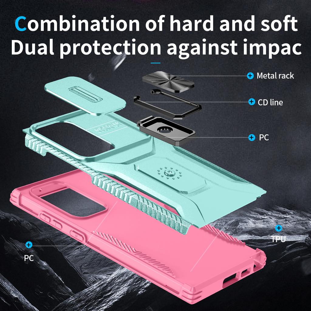 For Samsung Galaxy S23 Ultra Case Slide Lens Lid PC+TPU Phone Cover Kickstand Shell