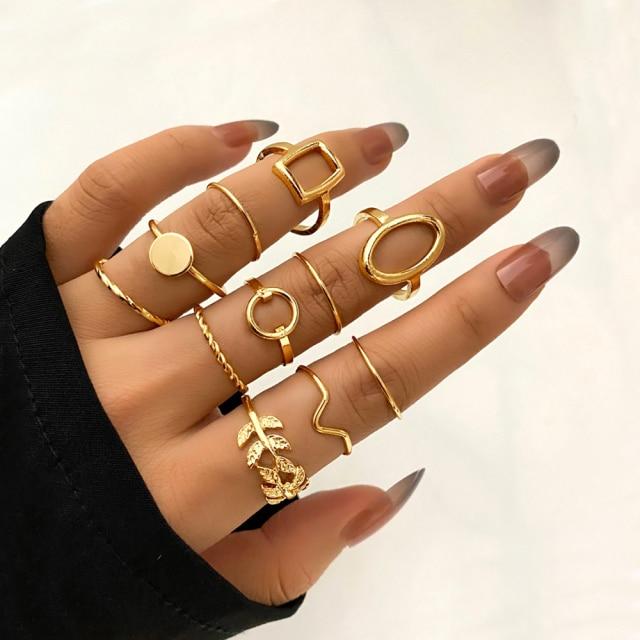 Sada prstenů s českým zlatým řetízkem pro ženy Fashion Boho Coin Snake Moon Rings Dárkové šperky Party Trend