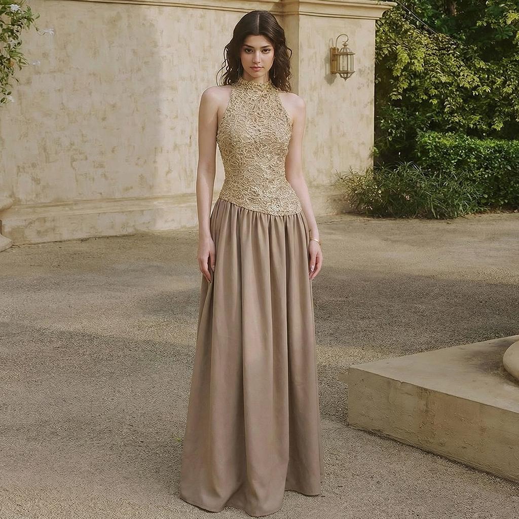 2026 European and American spring fashion new woven gold fabric splicing satin sleeveless dress dress