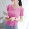 Women's Ice Silk V-neck Tie-Up Short-Sleeve Knitted Top, 2025 Summer Slim-Fit Button Pullover