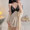 Black Lace Two-Piece Camisole Nightgown Set - Women's Ice Silk Loungewear