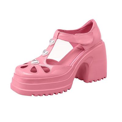 Cow Leather Round Toe Platform Super High Heels Spring Summer Crystal-studded Shoes Hook Loop Hollow Decoration Casual Women Pumps