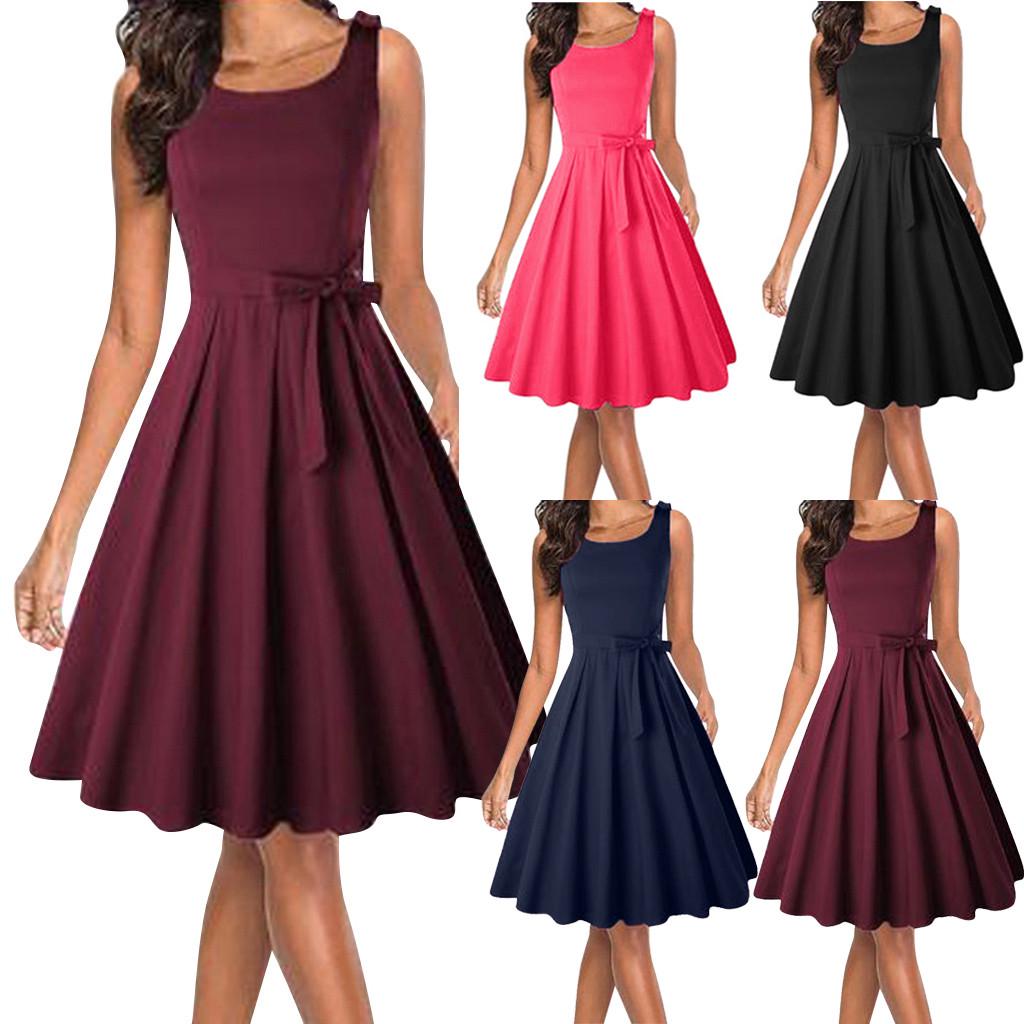 

Женщины Лето Сплошная Безрукавная Праздничная Вечеринка Платье с поясом