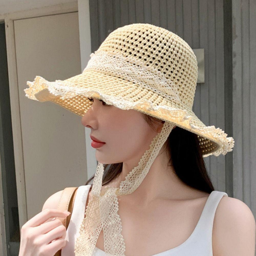 Elegant Lace Brim Sunshade Cap Foldable Sun Protection Cap Fashion Woman's Straw Hat  Travel