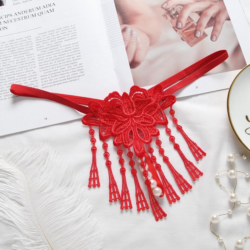 Sexy Thong Hollow Embroidery Female Seduction Fringed Lingerie Pearl Massage Transparent Pants Low-rise Panties
