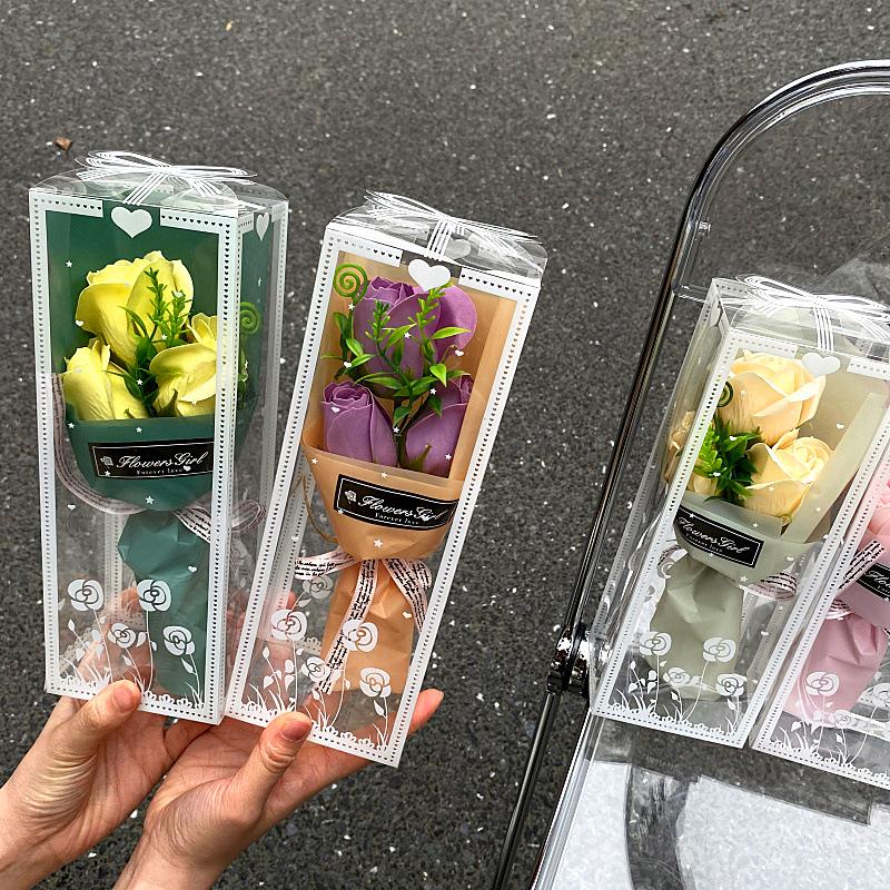 1 Set Luxury Soap Flower Arrangement for Valentine's Day 3 Rose Soap Bouquet Gift Box 9x7x25cm