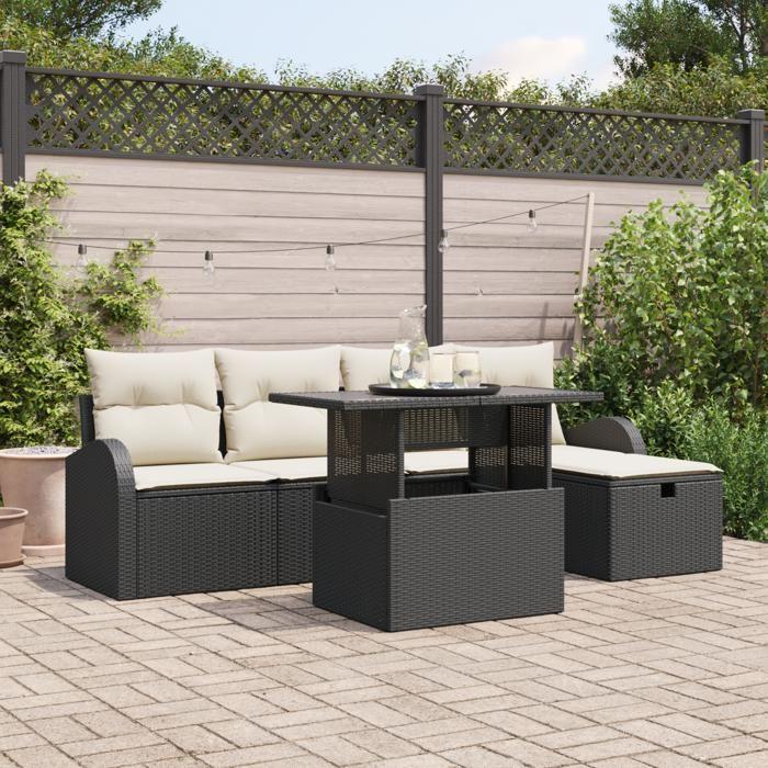 Ensemble de canapé de jardin 6 pièces avec coussins en rotin poly noir, Canapé de jardin 2 places avec rangement et coussins 3361076