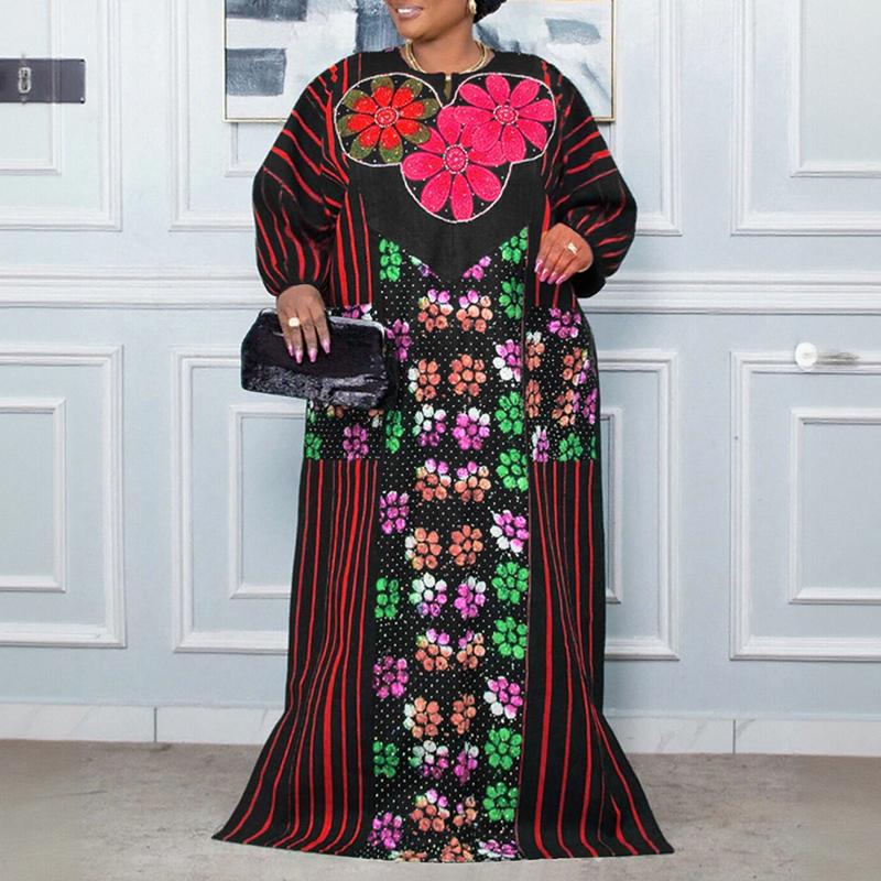 Oversized Women Casual Long Sleeve Floral Print Striped Loose Long Dress Kaftan Robes
