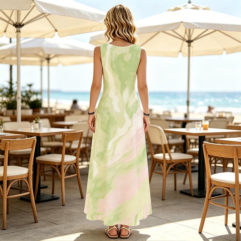 Fresh Green Pink Ink Wash Gradient Sleeveless Maxi Dress, Summer Beach Casual Long Dress