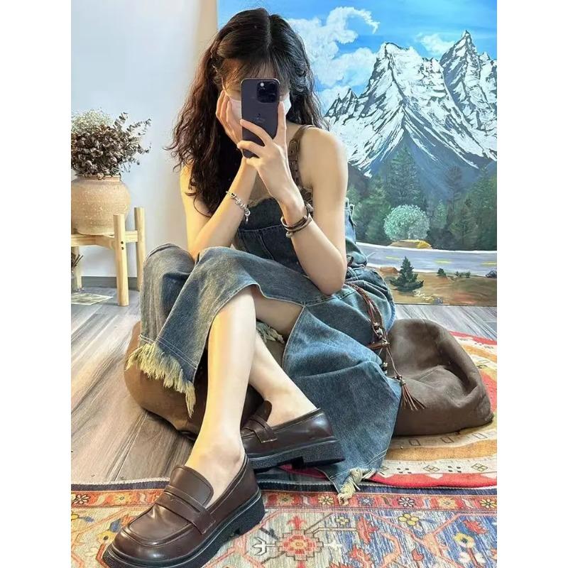 Vintage Casual Camisole Denim Dress for Women Elegant Sleeveless A-line High Waist Drawstring Belt Dresses Korean Style