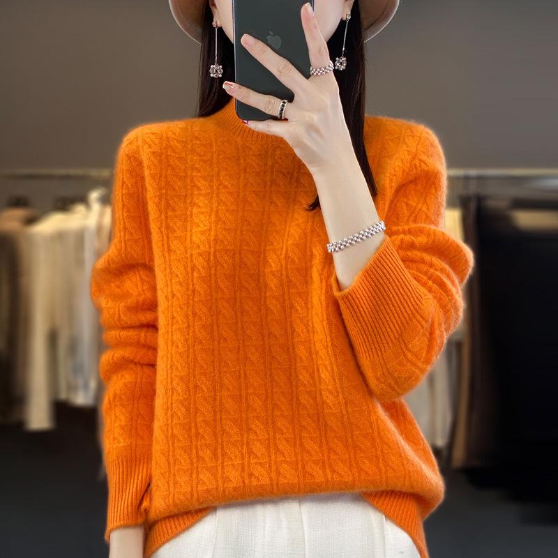 2023 Autumn/Winter Women's Korean Wool Cable Knit Round Neck Sweater